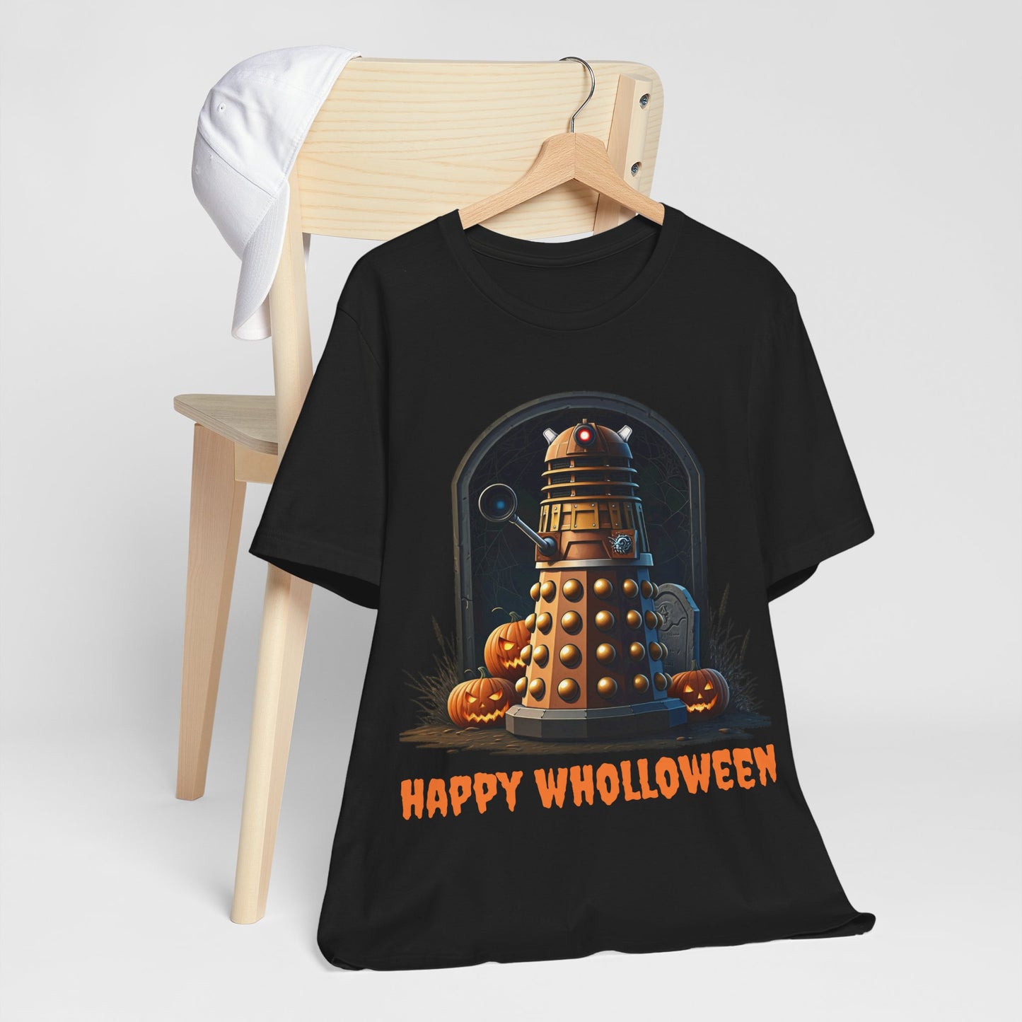 Happy Wholloween Dalek portrait with pumpkins and stuff T-shirt