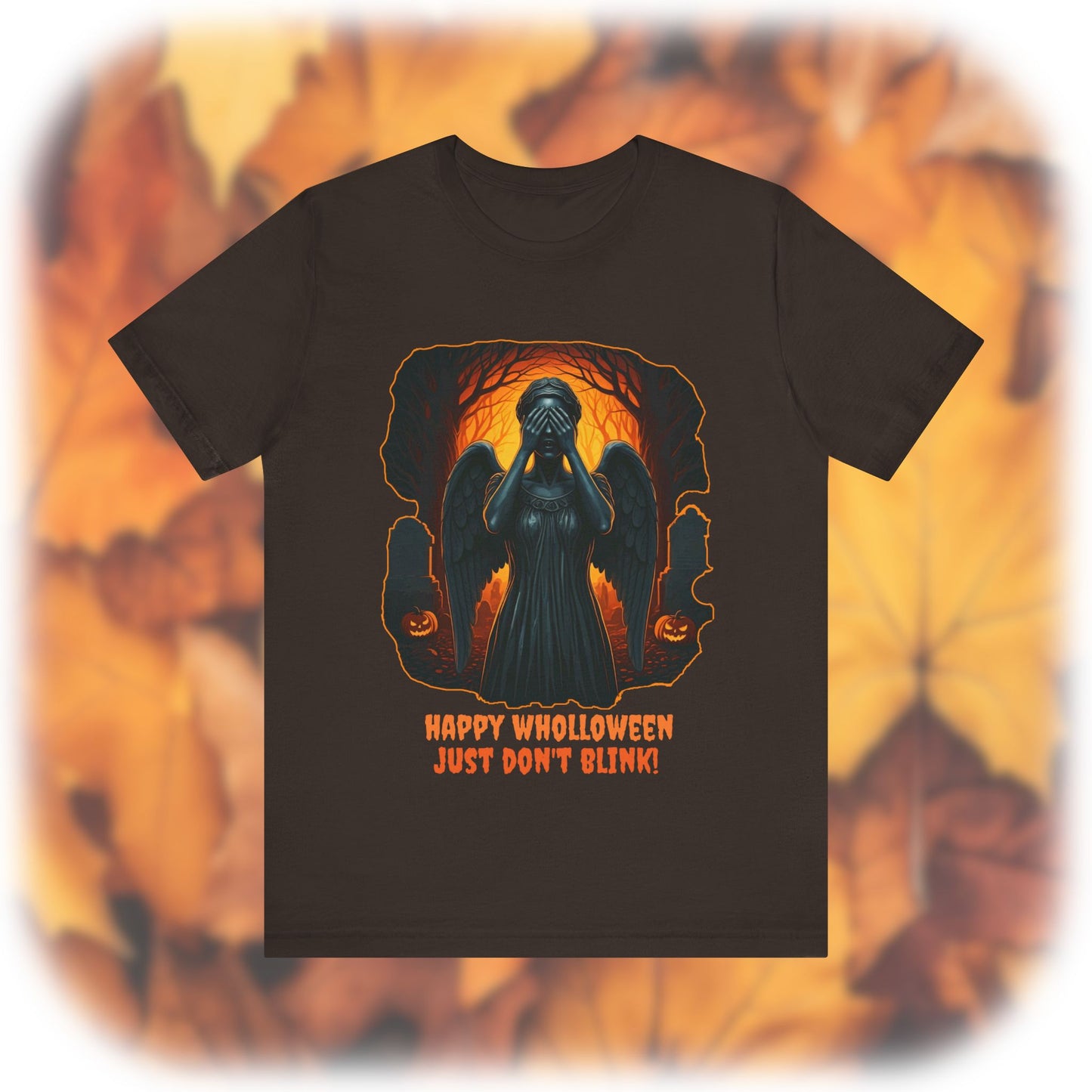 Happy Wholloween Weeping Angel in a spooky orange forest T-shirt