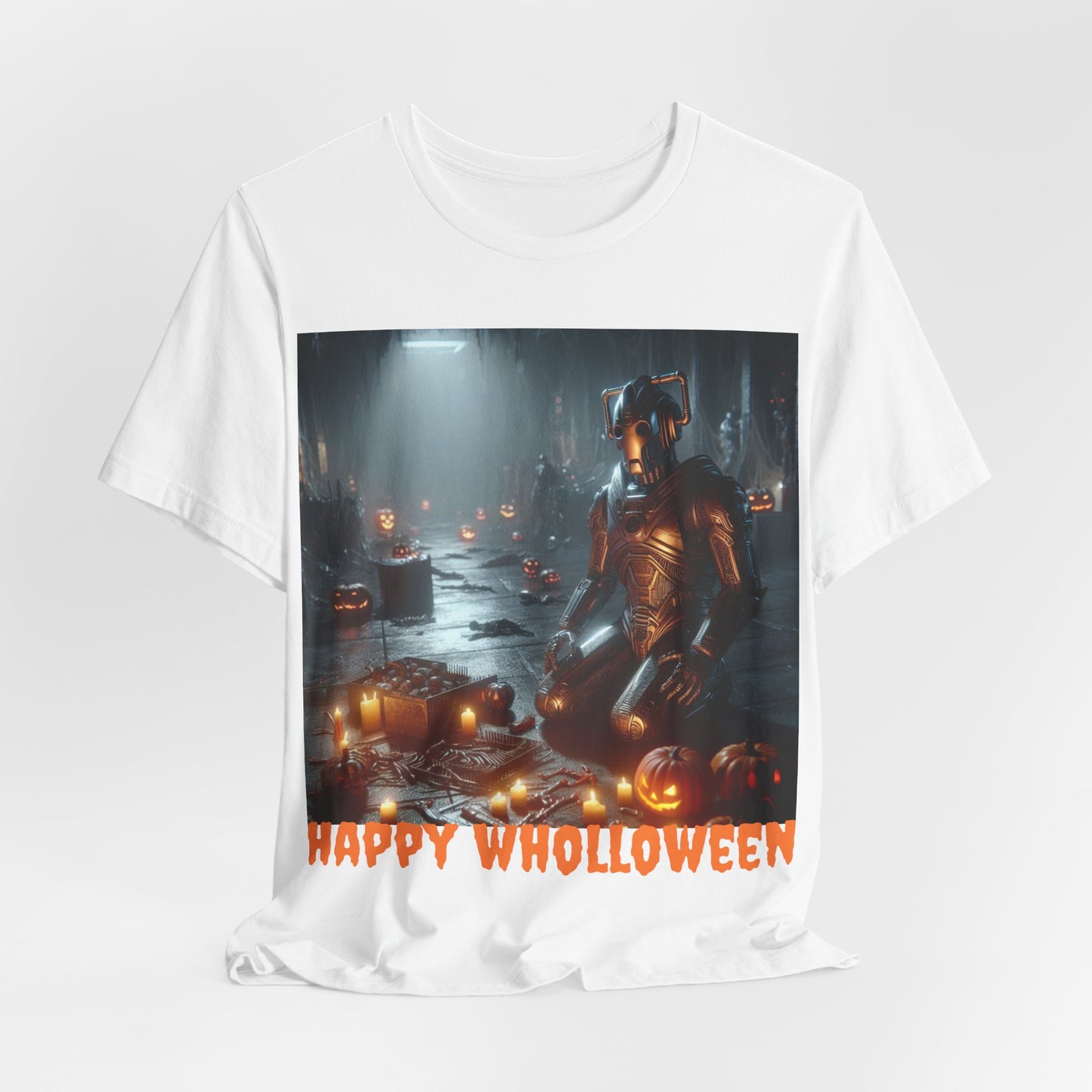 Happy Wholloween Cyberman kneeling in candy T-shirt