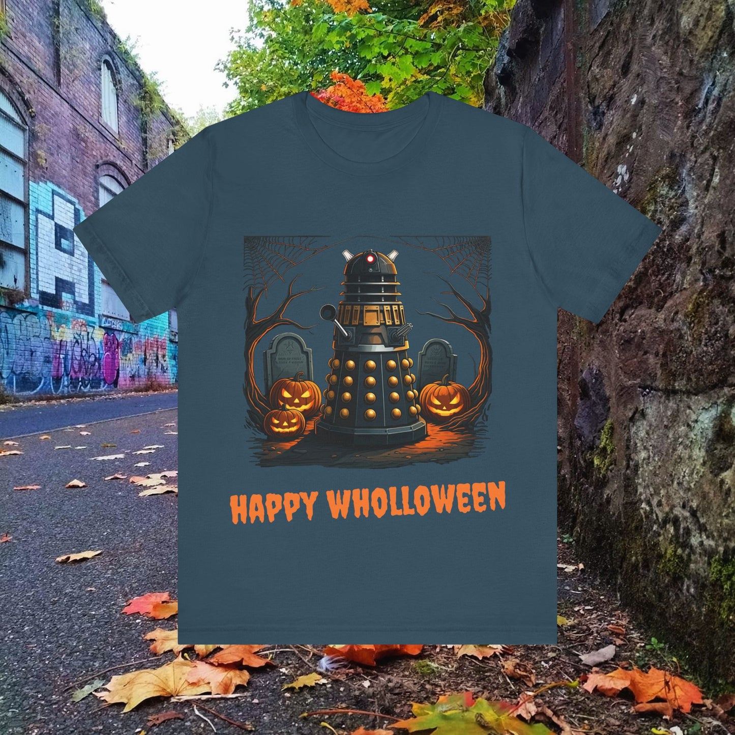 Happy Wholloween Orange back-lit Dalek in a graveyard T-shirt