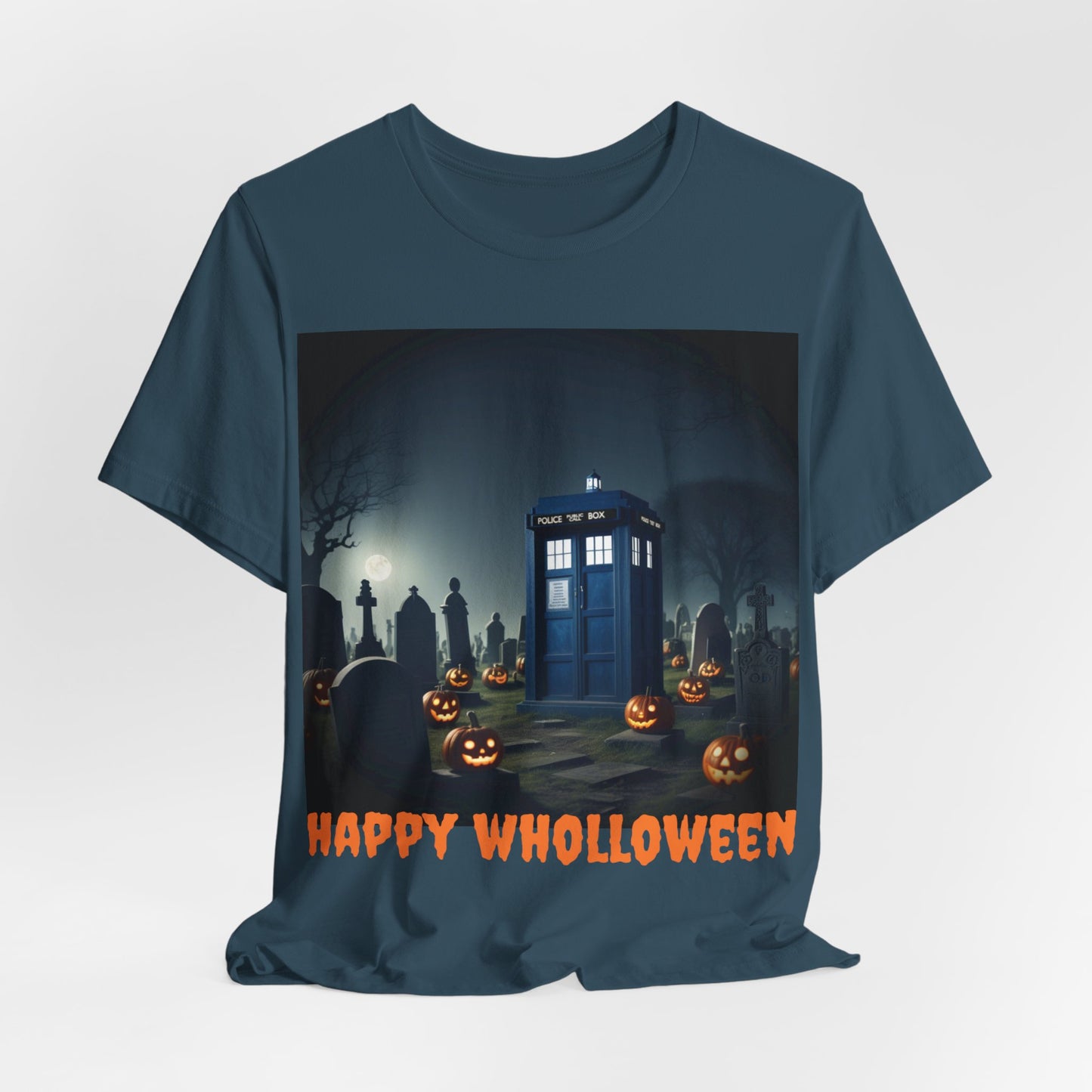 Happy Wholloween TARDIS in spooky pumpkin filled graveyard T-shirt