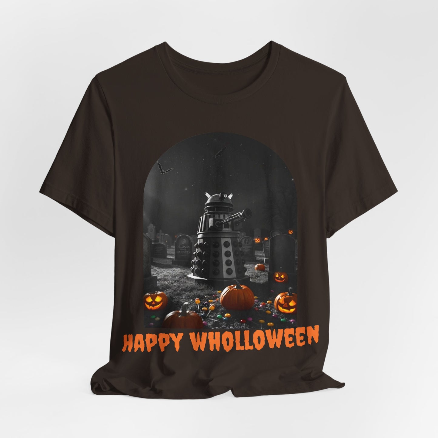 Happy Wholloween black & white Dalek with colour pumpkins in a graveyard T-shirt (Oh, and bats)