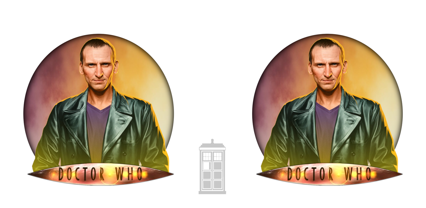 9th Doctor (Christopher Eccleston) and Doctor Who logo mug.